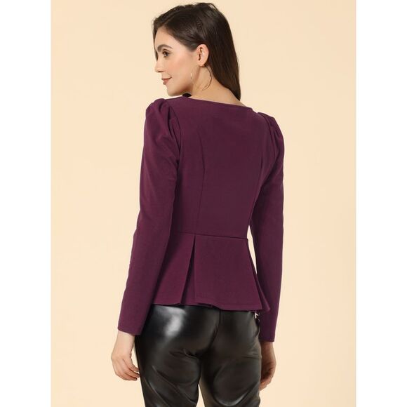 Square Neck Peplum Top Long Sleeve Blouse VintagePurplish Red - Picture 3 of 5